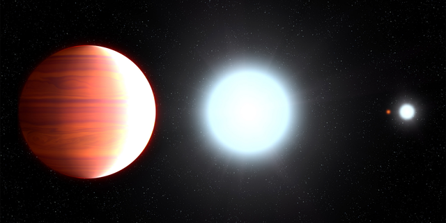 Artist’s illustration showing the scorching-hot exoplanet Kepler-13Ab, which circles very close to its host star, Kepler-13A. In the background is the star's binary companion, Kepler-13B; the third member of the multiple-star system is the orange dwarf star Kepler-13C.