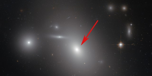 This image taken by the Hubble Space Telescope shows the elliptical galaxy NGC 4889 (arrowed) in front of hundreds of background galaxies. Well-hidden from human eyes, there is a gigantic supermassive black hole at the centre of the galaxy. (Credit: NASA & ESA)