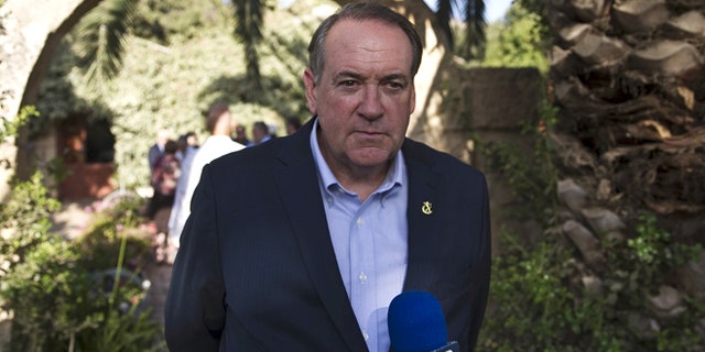 Aug. 18, 2015: Mike Huckabee, Republican presidential candidate and former Arkansas governor, takes part in a news conference near the West Bank Jewish settlement of Shiloh. (Reuters)