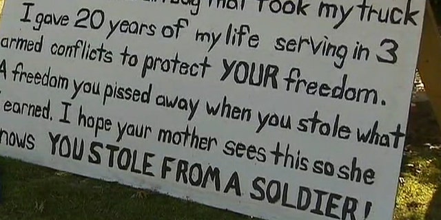 An Army vet used a sign in his yard to shame the crook who stole his truck.