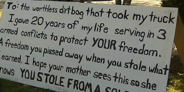 An Army vet used a sign in his yard to shame the crook who stole his truck.