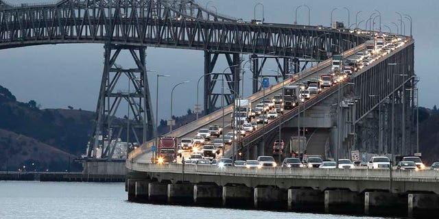 In this Aug. 29, 2013 file photo, traffic slows in the morning commute over the Richmond-San Rafael Bridge in San Rafael, Calif.
