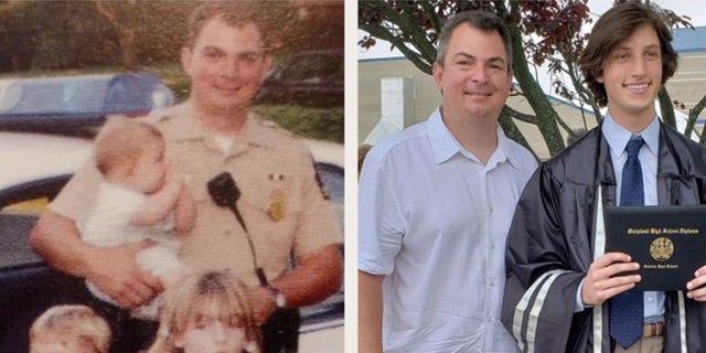 Thomas Robert Duboyce said it was a "nice surprise" to see Officer Robert Hunt, who helped deliver him, left, on the side of a highway in 1999, at his high school graduation Friday.