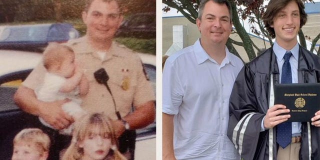 Thomas Robert Duboyce said it was a "nice surprise" to see Officer Robert Hunt, who helped deliver him, left, on the side of a highway in 1999, at his high school graduation Friday.