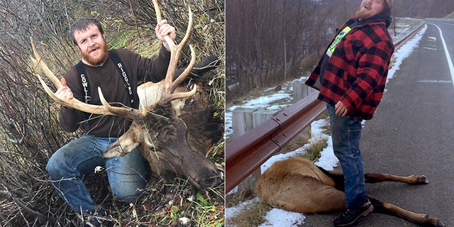 Suspect William Haynes (on the left) is posing with a dead elk, while Joseph Dills is pictured with an elk that his girlfriend killed, according to The Seattle Times.