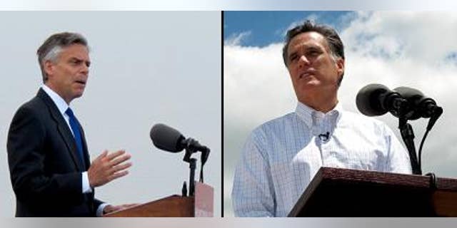 Former Utah Gov. Jon Huntsman, left, and former Massachusetts Gov. Mitt Romney announce their respective campaigns for the 2012 GOP presidential nod. (Fox News Photos)