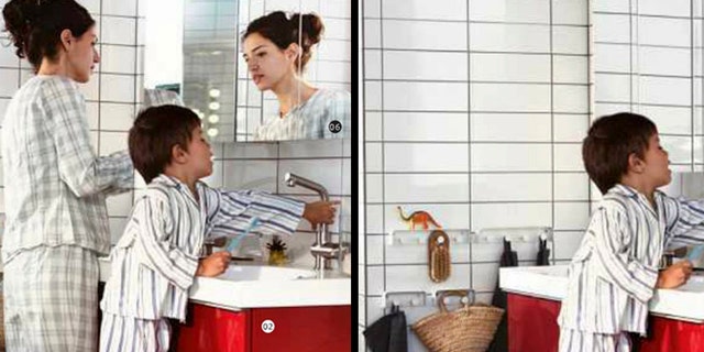 Monday Oct. 1, 2012: This is two photos made available by Ikea in Sweden and taken from Swedish, left, and Saudi Arabian, right, IKEA catalogue for 2013. Ikea is being criticized for deleting images of women from the Saudi version of its furniture catalogue, a move the company says it regrets.