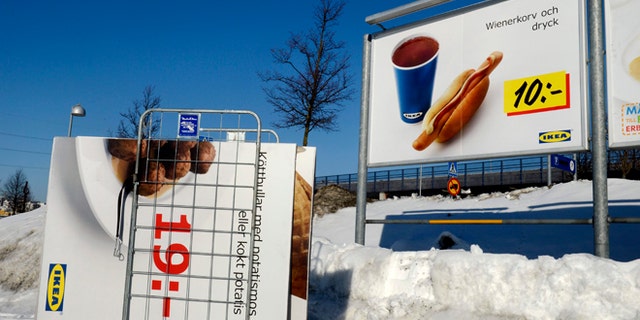 Feb. 25, 2012: Advertising billboards for Ikea meat balls are taken down from a parking at the Ikea store in Stockholm, Sweden. Swedish furniture giant Ikea was drawn into Europe's widening food labeling scandal Monday as authorities in the Czech Republic said they had detected horse meat in frozen meatballs labeled as beef and pork and sold in 13 countries across the continent.