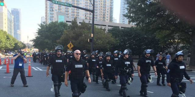 Charlotte police outside Bank of America Stadium.