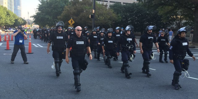 Charlotte police outside Bank of America Stadium.