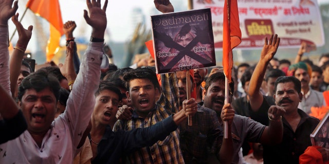 Members of India's Rajput community shout slogans as they protest against the release of Bollywood film "Padmavati" in Mumbai.