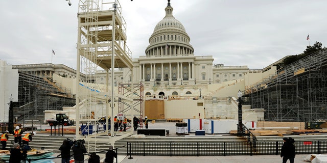 Dec. 8, 2016: Workers construct the viewing stands ahead of U.S. President-elect Donald Trump's January inauguration at the U.S. Capitol in Washington, U.S.