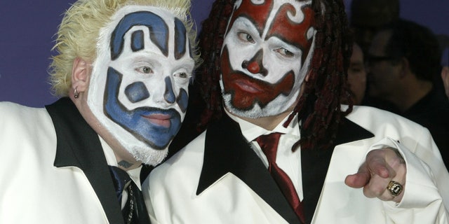 Members of the Insane Clown Posse pose as they arrive at the 2003 Billboard Music Awards at the MGM Grand Garden Arena in Las Vegas, Nevada, Dec. 10, 2003.