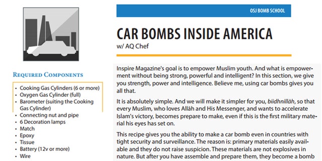 The spring 2014 edition of Inspire magazine, seen above, urges jihadists to target specific U.S. locations using car bombs. Detailed instructions and simple diagrams on every step are provided.