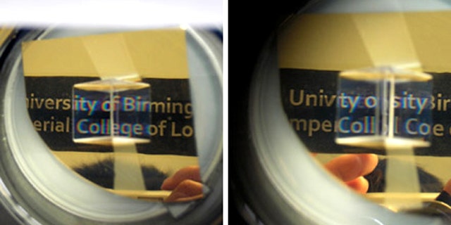 When a specific kind of polarized light is used (left), the cloaked space and anything within it is hidden. When normal light is used (right), the image appears distorted because of the bump under the crystal.