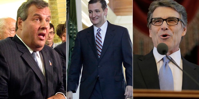 Shown here are New Jersey Gov. Chris Christie, left; Texas Sen. Ted Cruz, center; and former Texas Gov. Rick Perry.
