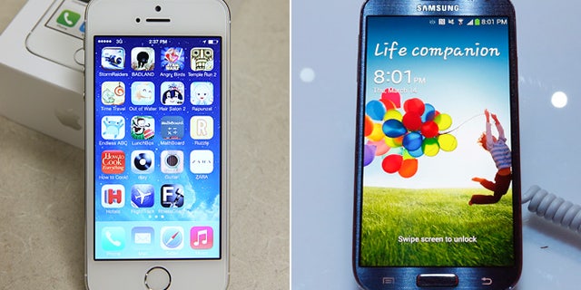 The iPhone 5C, left, and Samsung's Galaxy S4 smartphone.