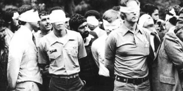 Hostages captured after the 1979 siege on the US Embassy in Tehran are seen in this undated file photo.