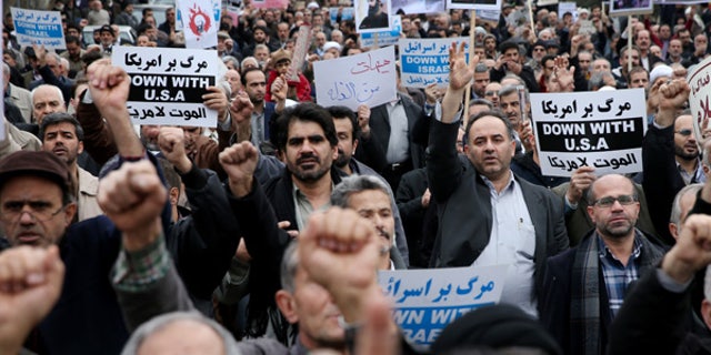 Jan. 8, 2016: Iranian worshippers attend a rally to protest the execution of Sheikh Nimr al-Nimr, a prominent opposition Saudi Shiite cleric, after their Friday prayers in Tehran, Iran.