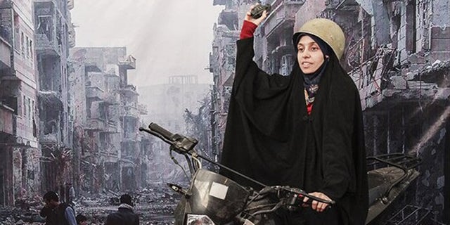 An Iranian woman poses in front of a war scene from Syria.