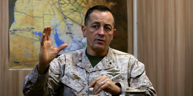 Brig. Gen. Rick Uribe speaks during an interview with The Associated Press in Irbil, 217 miles (350 kilometers) north of Baghdad, Iraq, Sunday, Jan. 1, 2017.