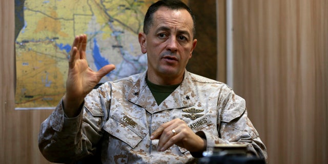 Brig. Gen. Rick Uribe speaks during an interview with The Associated Press in Irbil, 217 miles (350 kilometers) north of Baghdad, Iraq, Sunday, Jan. 1, 2017.