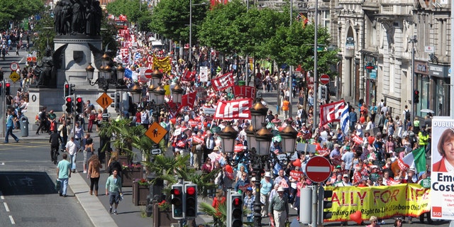 A July 6, 2013 file photo showing thousands of anti-abortion protesters filling Dublin's major thoroughfare, as they march against Ireland's abortion bill. United Nations human rights experts said Thursday June 9, 2016 that Ireland’s abortion ban subjects women to discriminatory, cruel and degrading treatment and should be ended for cases involving fatal fetal abnormalities.