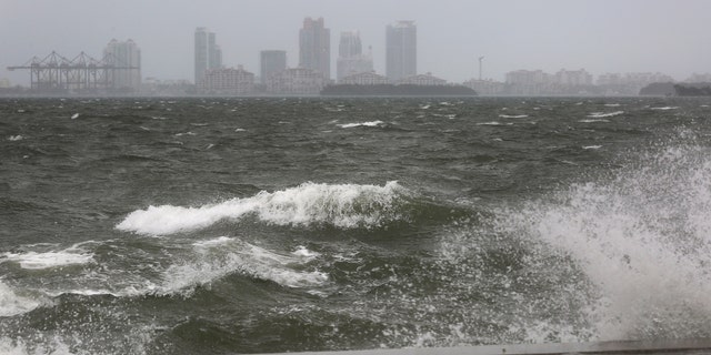 The winds and sea are whipped up off of the Rickenbacker Causeway in Miami as Hurricane Irma approaches on Saturday, Sept. 9, 2017. ( Mike Stocker/South Florida Sun-Sentinel via AP)