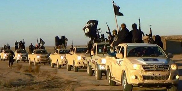 In this undated file photo released online in the summer of 2014 on a militant social media account, which has been verified and is consistent with other AP reporting, militants of the Islamic State group hold up their weapons and wave its flags on their vehicles in a convoy on a road leading to Iraq, in Raqqa, Syria.