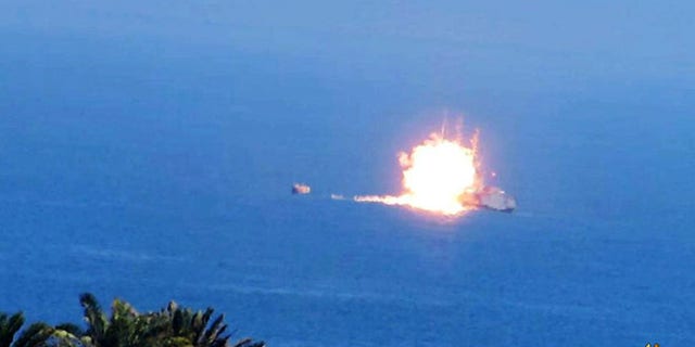This image posted on a militant social media account shows a fireball rising from an Egyptian Navy vessel.