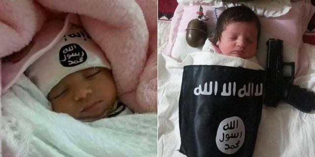 A series of tweets from Twitter accounts since suspended have shown purported ISIS babies, sleeping peacefully alongside weapons and the ominous black logo.