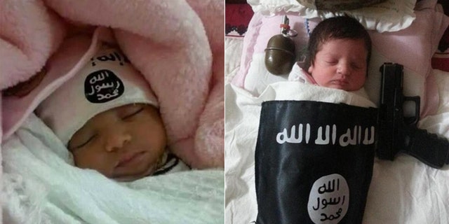 A series of tweets from Twitter accounts since suspended have shown purported ISIS babies, sleeping peacefully alongside weapons and the ominous black logo.