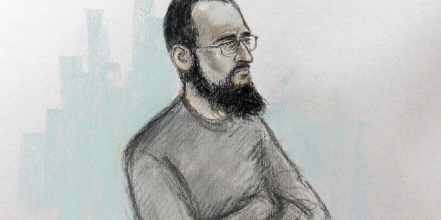 This is an undated court artist sketch file photo by Elizabeth Cook showing Husnain Rashid during his trial.