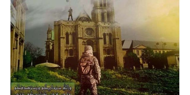 Recent ISIS propaganda shows flag-bearing ISIS fighter signalling fellow jihadist from atop European Christian church.