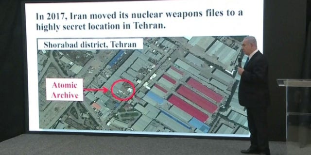 Israeli Prime Minister Benjamin Netanyahu shows where Iran may have moved its nuclear weapons files to a location in Tehran after signing the nuclear deal.