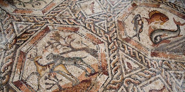 A partial view of a 1,700-year-old Roman-era mosaic floor in Lod, Israel, Monday, Nov. 16, 2015. (AP Photo/Ariel Schalit)