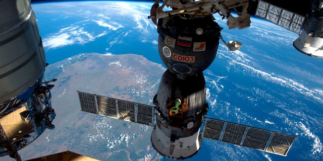 A NASA image shows the International Space Station as it flew over Madagascar, showing three of the five spacecraft docked to the station in this photo taken by the Expedition 47 Flight Engineer Tim Peake of ESA on April 6, 2016 and released on April 8, 2016. (REUTERS/Tim Peake/ESA/NASA/Handout via Reuters)
