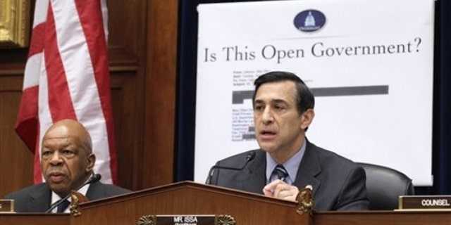 House Oversight and Government Reform Committee Chairman Rep. Darrell Issa, right, accompanied by Democrat Rep. Elijah Cummings, presides over a hearing March 31 on Capitol Hill.