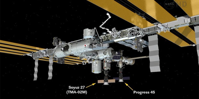 This graphic shows the Progress 45 unmanned cargo ship just after its docking on the Pirs docking compartment at the International Space Station.