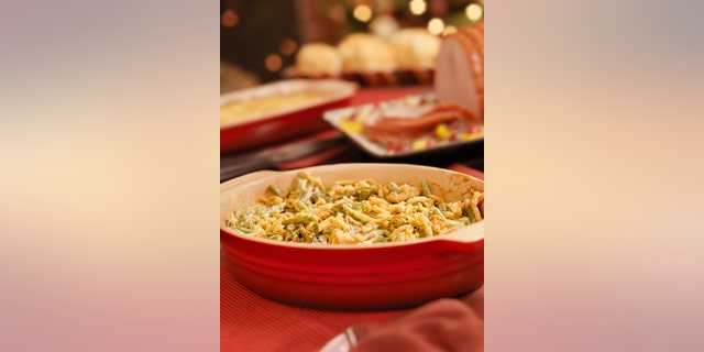"Green Bean Casserole with Crispy Onions, Glazed Ham, Scalloped Potatoes and Biscuits -Photographed on Hasselblad H3D2-39mb Camera"