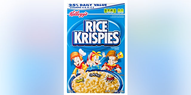 A view of a 12-ounce blue cardboard box of Kellogg's Rice Krispies. Kellogg's, headquartered in Battle Creek, Michigan, sell its cereals and convenience foods all over the world. The Chicago students used Rice Krispies boxes for the blue color tones in their Ukraine flag mosaic.