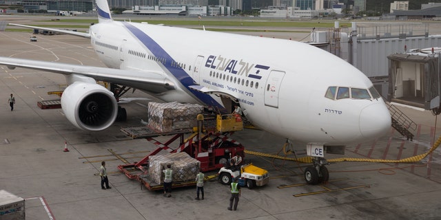 El Al Israel Airlines Boeing 777-200 parked at Hong Kong International Airport.