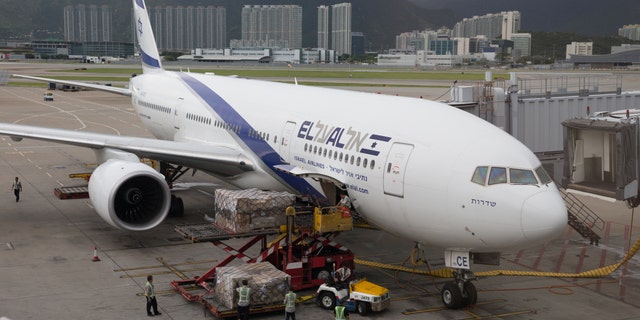 El Al Israel Airlines Boeing 777-200 parked at Hong Kong International Airport.