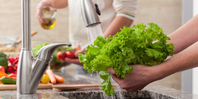 Washing fresh vegetables for a salad with an alive oil