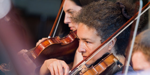 Candid capture of a pair of violinists rehearsing in an orchestral setting.
