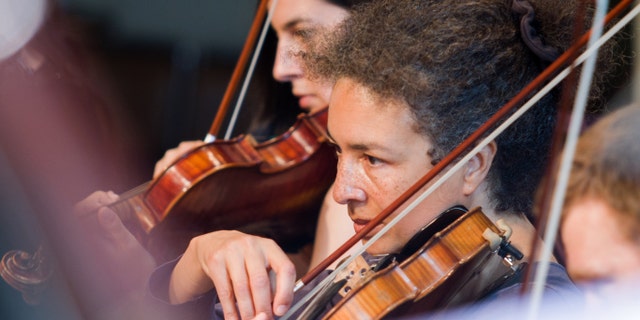 Candid capture of a pair of violinists rehearsing in an orchestral setting.