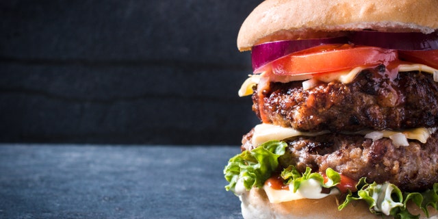 Double cheeseburger with onion,selective focus and blank space