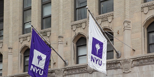 NYU banners hang in the breeze.