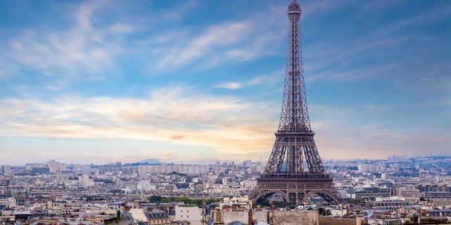 Eiffel Tower in Paris France photographed from the top of the Arc de Triompe.
