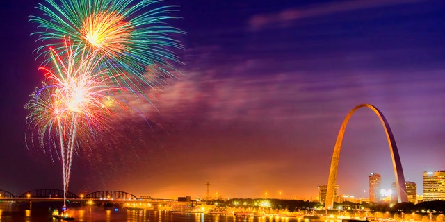 Part of the annual long July 4 weekend celebration in St. Louis, Missouri. Fireworks shot from a barge in the Mississippi River.